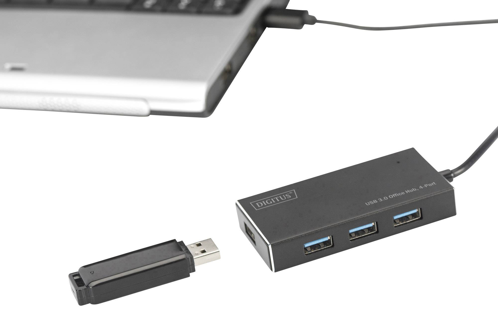 'USB 3.0 Hub mit vier Ports' verbindet sich mit einem Laptop; ein USB-Stick daneben.