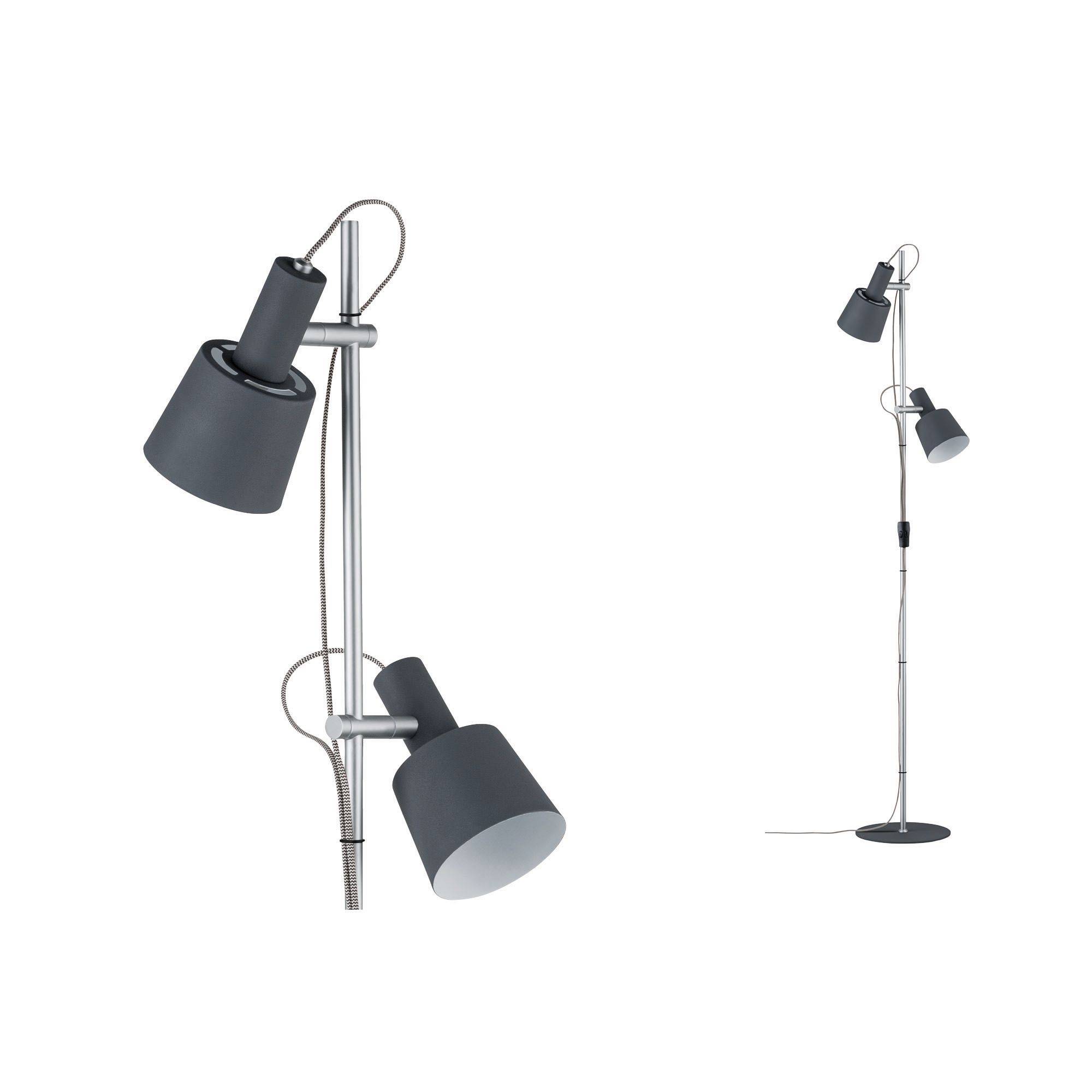 Graue Stehlampe mit zwei verstellbaren Schirmen auf einem verchromten Ständer. Kabel und Schalter an der Mitte der Stange.