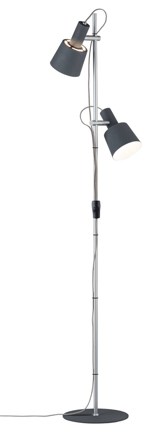 Stehlampe mit zwei verstellbaren schwarzen Lampenschirmen an einem silbernen Ständer, geeignet für Innenräume.