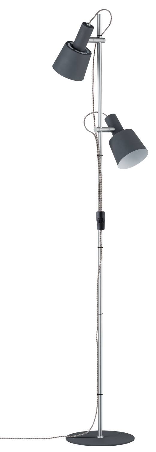 Stehlampe mit zwei verstellbaren schwarzen Lampenschirmen an einem silbernen Ständer, verbunden mit einem Kabel.