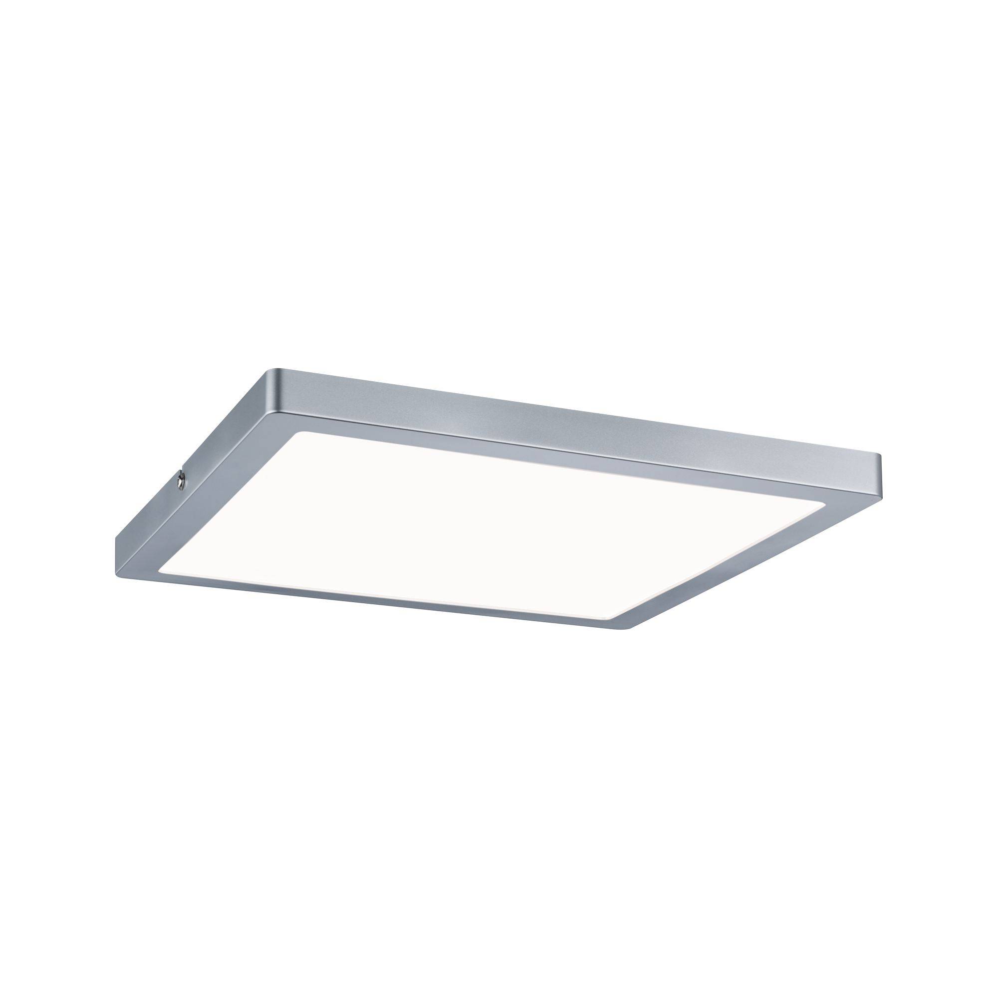 Eine quadratische LED-Deckenleuchte mit einem flachen, silbernen Rahmen und weißer Lichtfläche, geeignet für moderne Inneneinrichtungen.