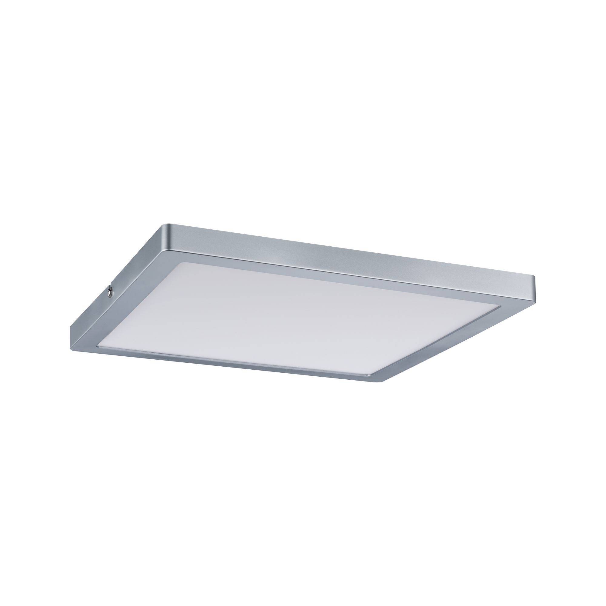 Quadratische Deckenleuchte mit silbernem Rahmen und weißer Abdeckung, geeignet für moderne Innenräume.