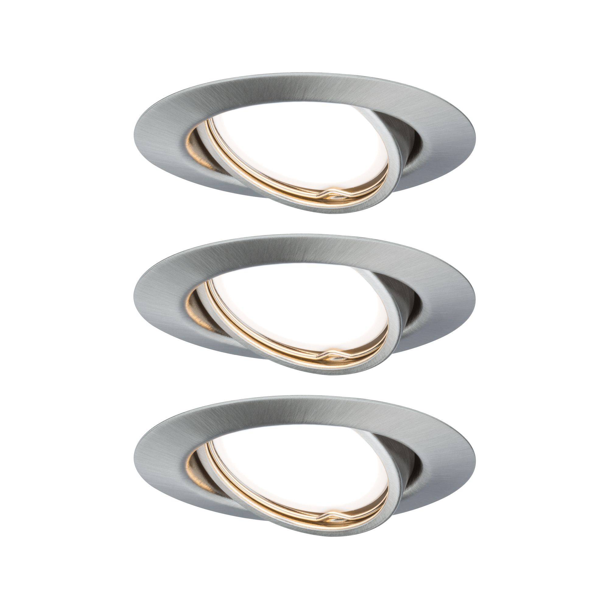 Drei runde, silberne LED-Spotlights in einer Reihe, leicht geneigt, mit warmweißem Lichtschein.