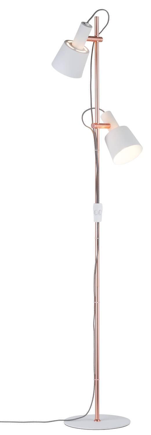 Stehleuchte mit zwei weißen, kegelförmigen Lampenschirmen auf kupferfarbenem Ständer. Ein/Aus-Schalter in der Mitte.