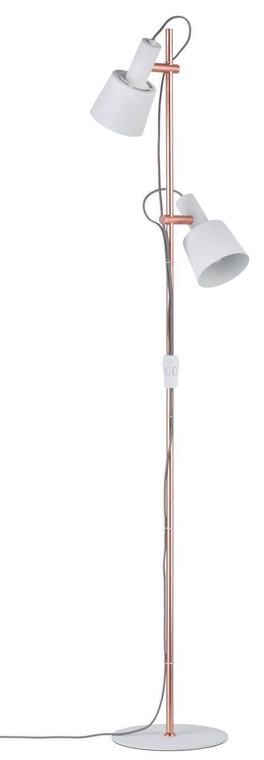 Stehlampe mit zwei weißen, verstellbaren Leuchten an einem kupferfarbenen Ständer.