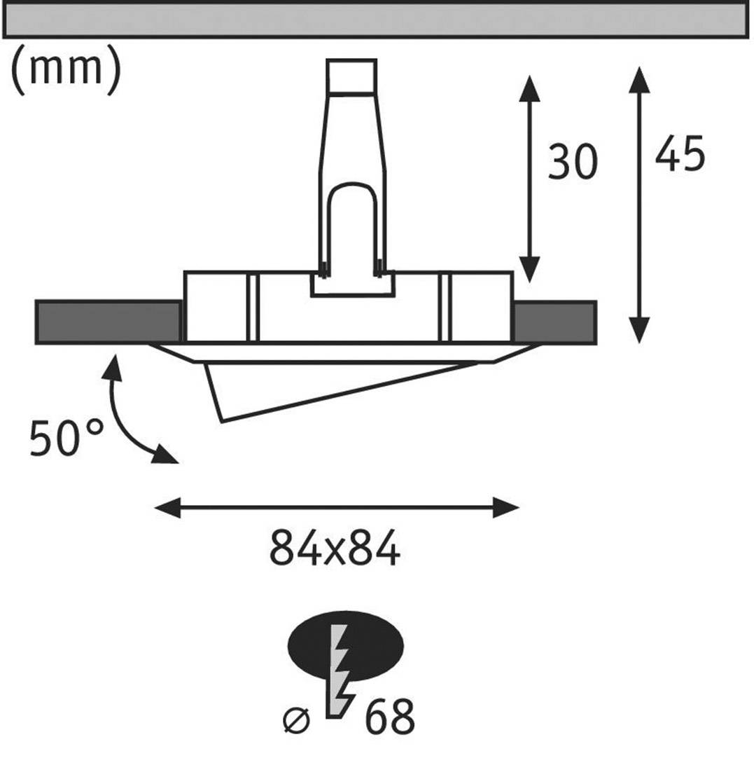 Einbauanleitung für ein Downlight: Höhe 45 mm, Winkel 50°, Abmaße 84x84 mm, Bohrdurchmesser 68 mm, Einbautiefe 30 mm.