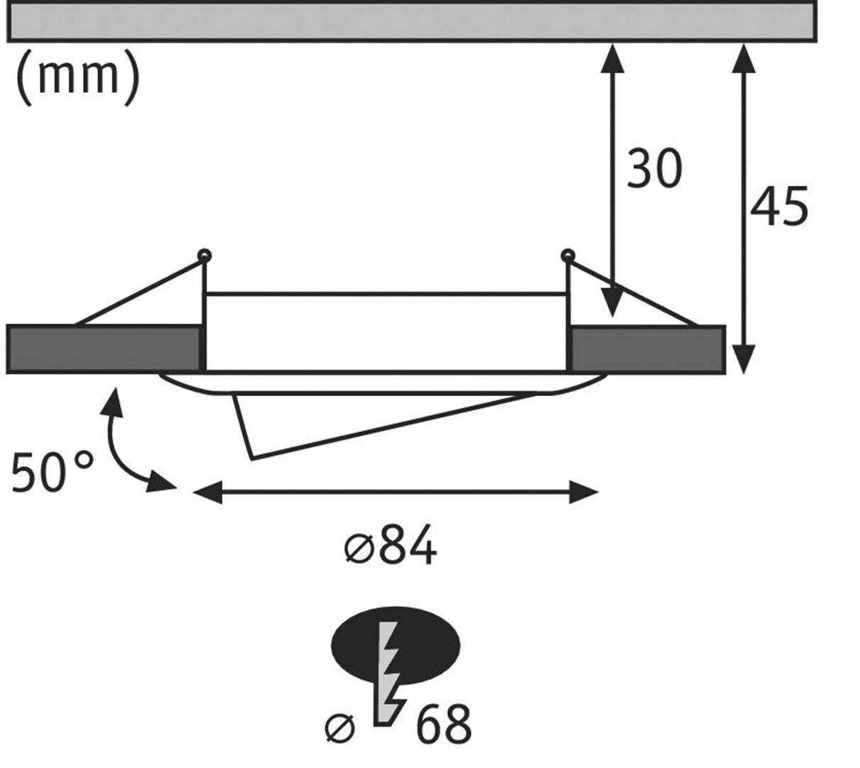 Diagramm einer Deckenleuchte mit Maßen: 30 mm Höhe, 45 mm Gesamttiefe, Ø84 mm Durchmesser, 68 mm Einbauöffnung, Neigungswinkel 50°.