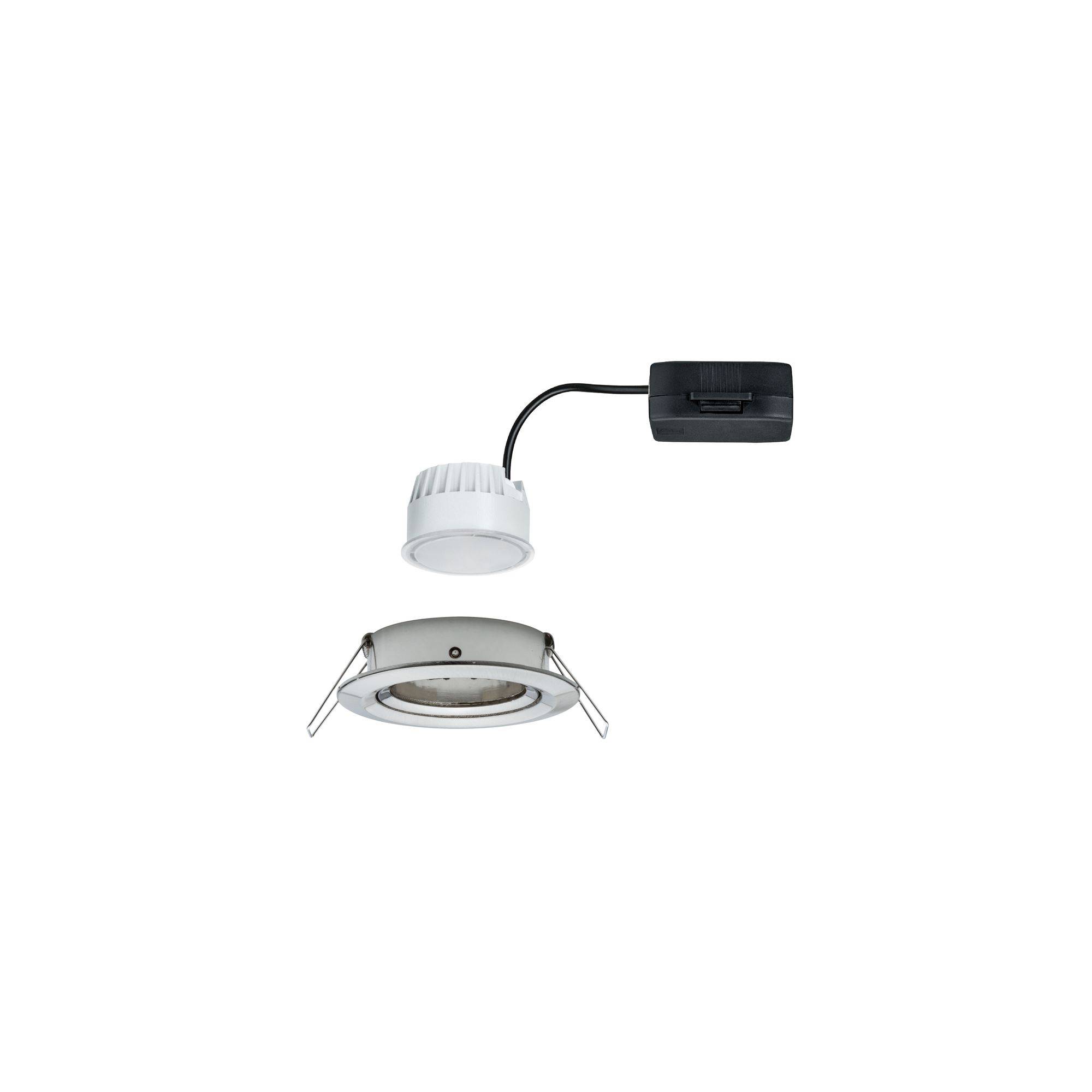 Einbaustrahler-Set bestehend aus einer runden LED-Leuchte mit separatem Anschlussgerät, geeignet für Deckeneinbau.