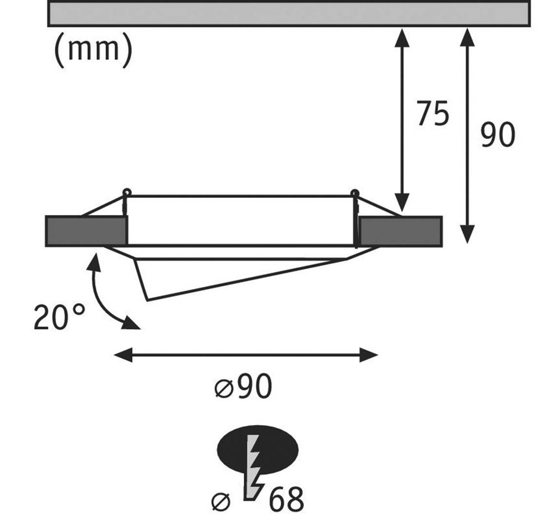 Abmessungen einer runden Leuchte: Durchmesser 90 mm, Höhe 75 mm, mit einem Neigungswinkel von 20 Grad. Montageausschnitt 68 mm.
