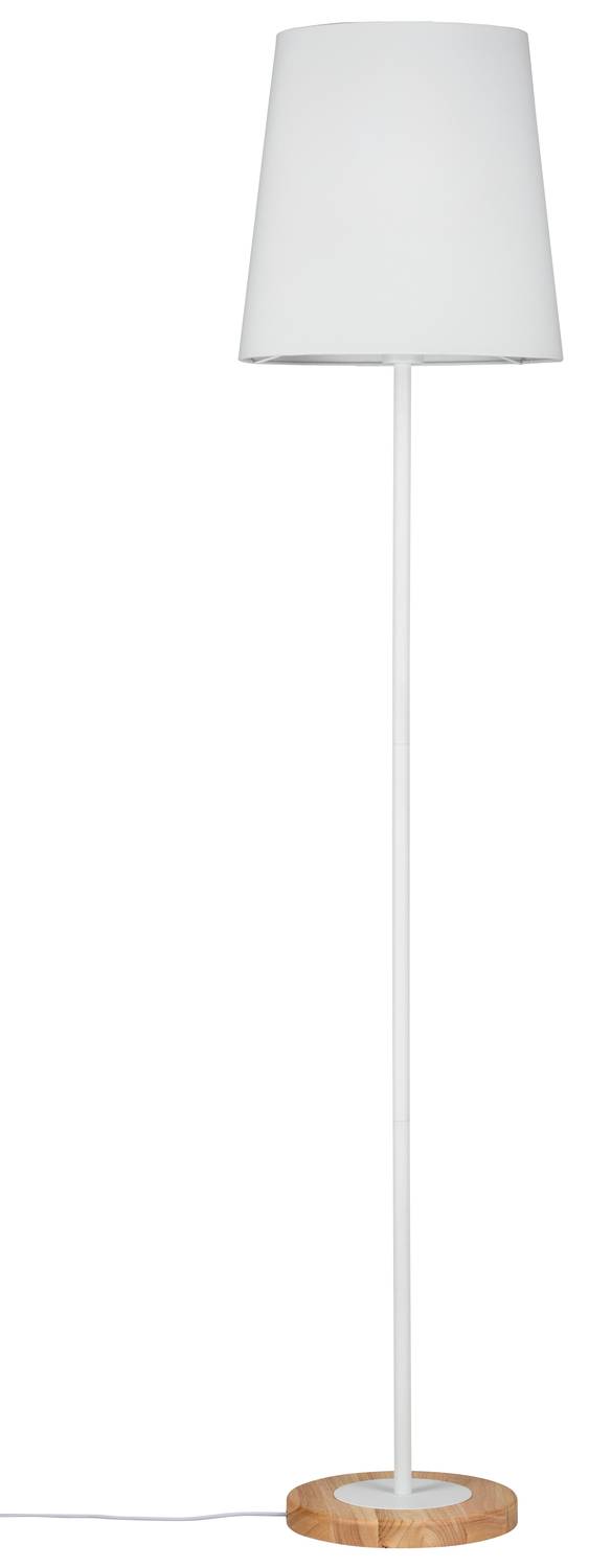 Weiße Stehlampe mit zylindrischem Schirm und Holzsockel.