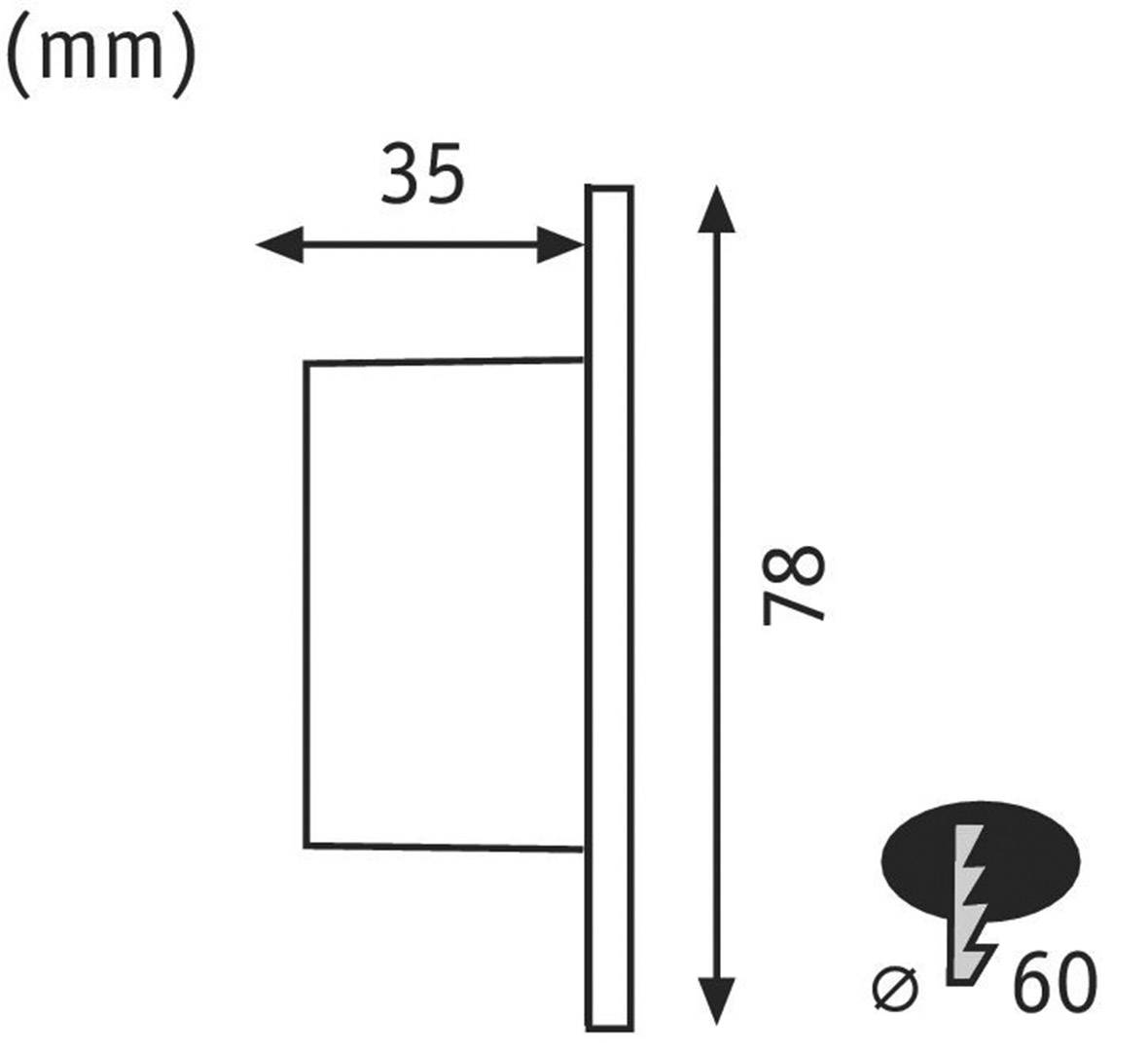 Querschnittsdiagramm einer runden Einbauleuchte, zeigt Gesamtlänge 78 mm, Einbautiefe 35 mm, Bohrlochdurchmesser 60 mm.