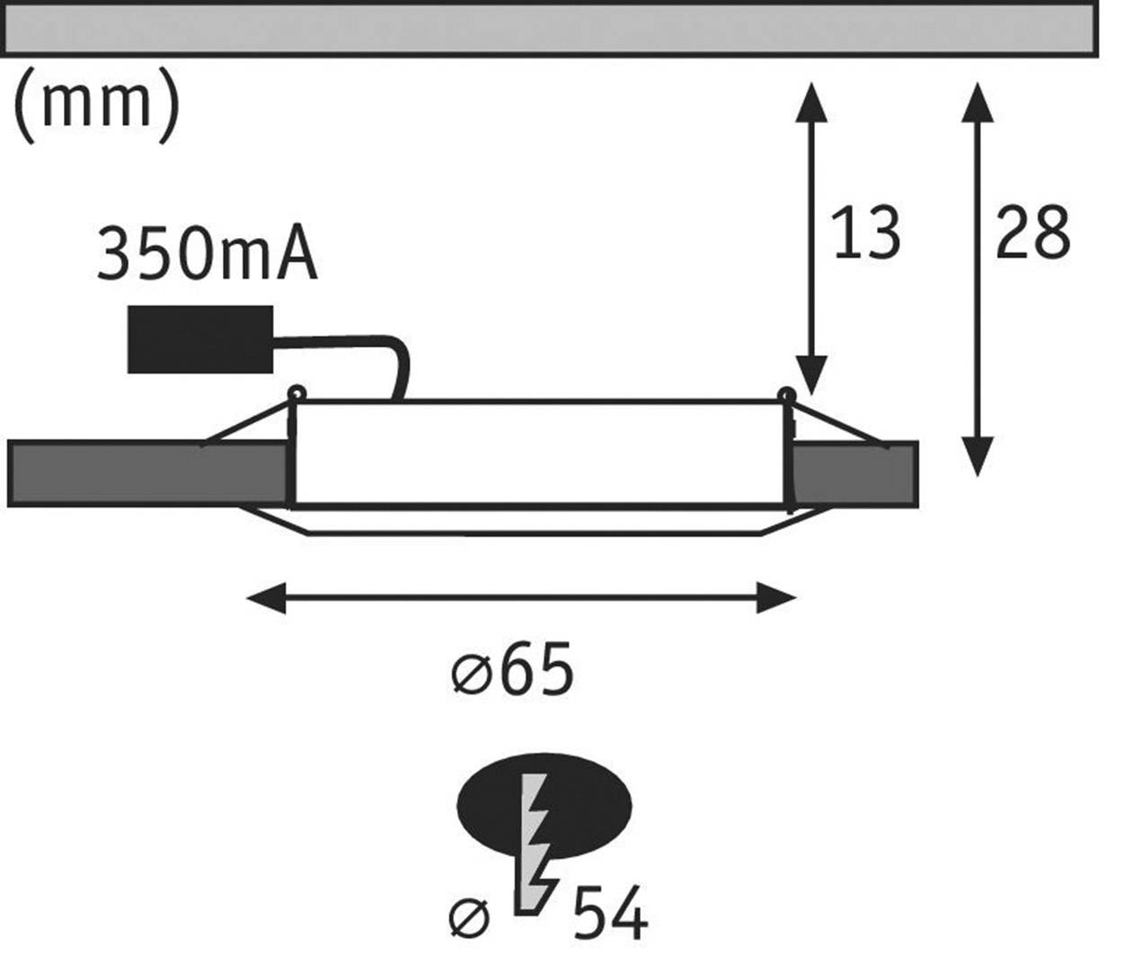 Zeichnung eines Elektronikbauteils mit den Maßen: 13 mm Höhe, 28 mm Breite, Durchmesser 65 mm. Stromstärke: 350 mA, Symbol ø 54 mm.