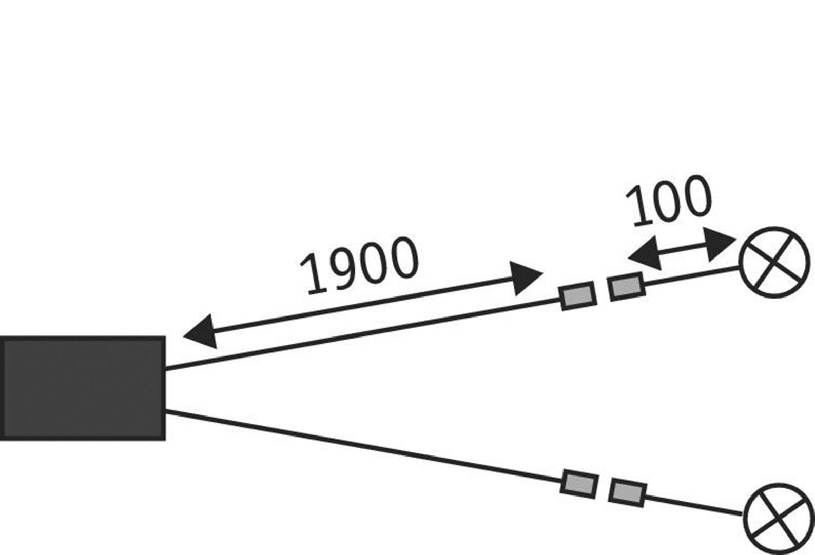 Schema eines elektrischen Schaltkreises: Zwei parallele Leitungen mit Pfeilen und Entfernungsangaben (1900 und 100), endend in Kreisen.