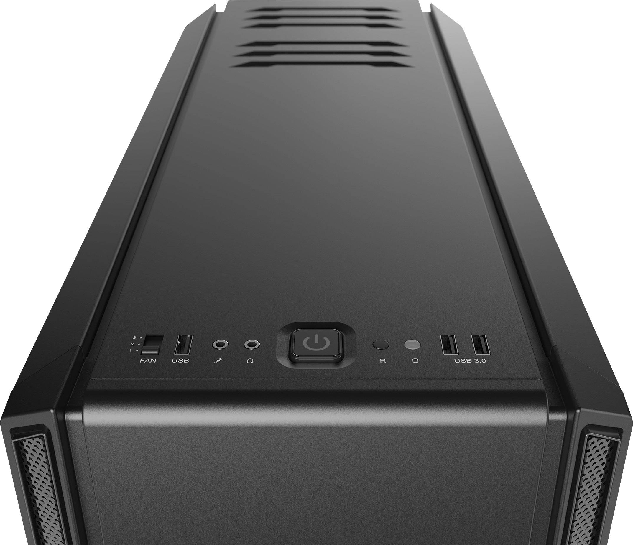 Schwarzes Computergehäuse mit Lüftungsschlitzen oben, Power-Button und Anschlüssen wie USB und Audio vorne.