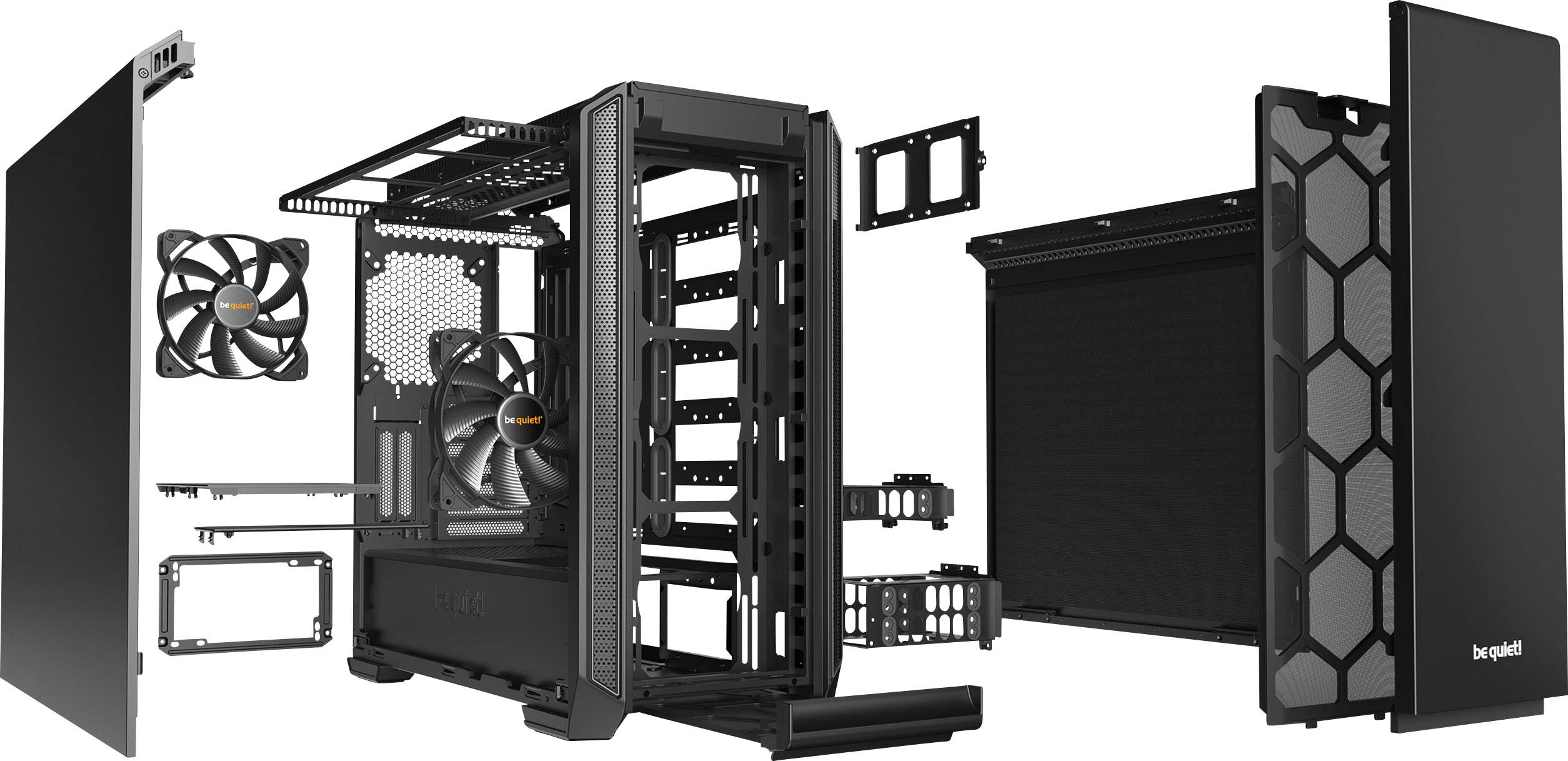 Ein PC-Gehäuse in Einzelteilen mit Rahmen, Lüftern und Frontblende, das den Aufbau und die Innenstruktur zeigt.