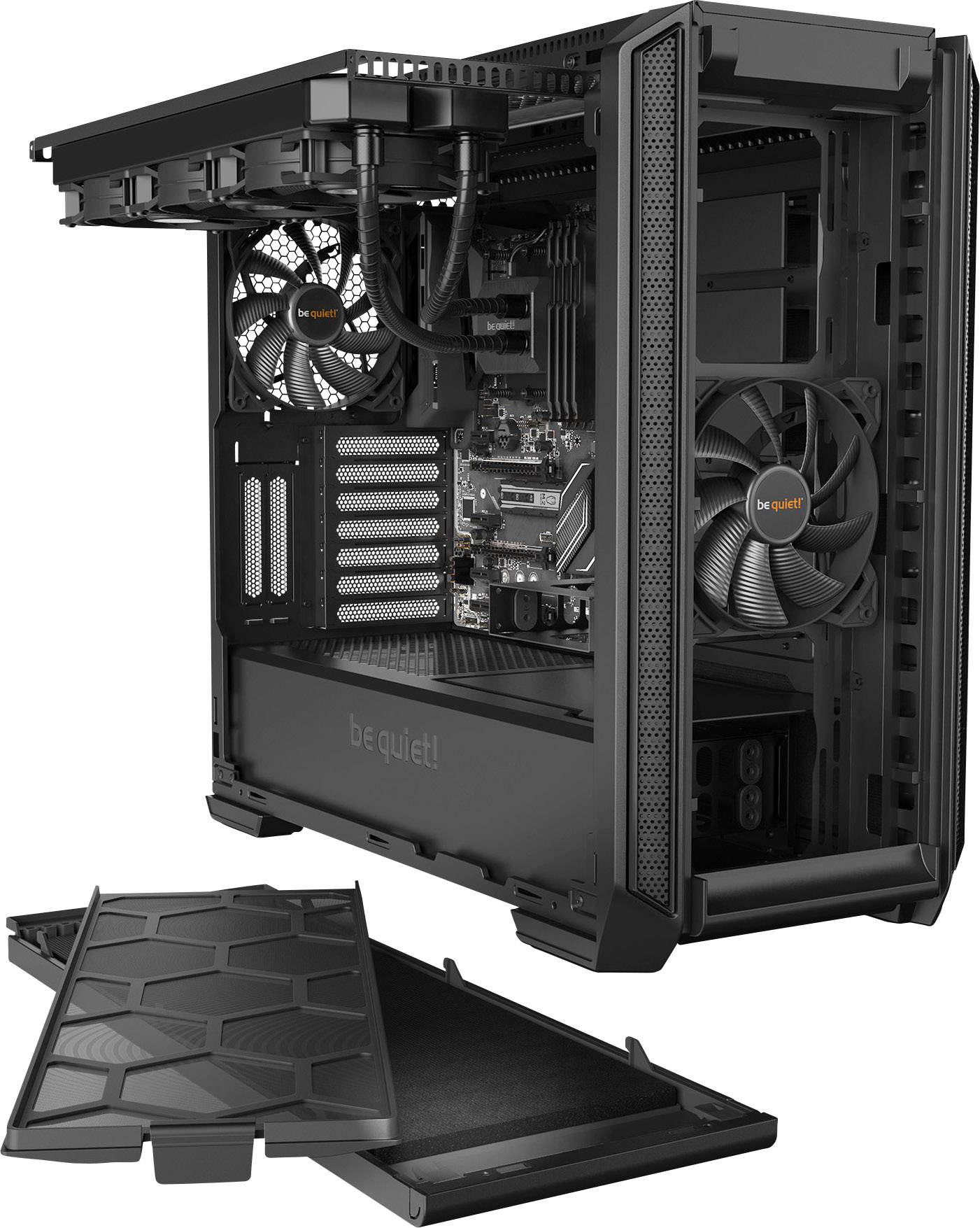 Ein offenes Computergehäuse mit sichtbaren Lüftern, Hauptplatine und Netzteil. Die Front- und Seitenabdeckungen sind entfernt.