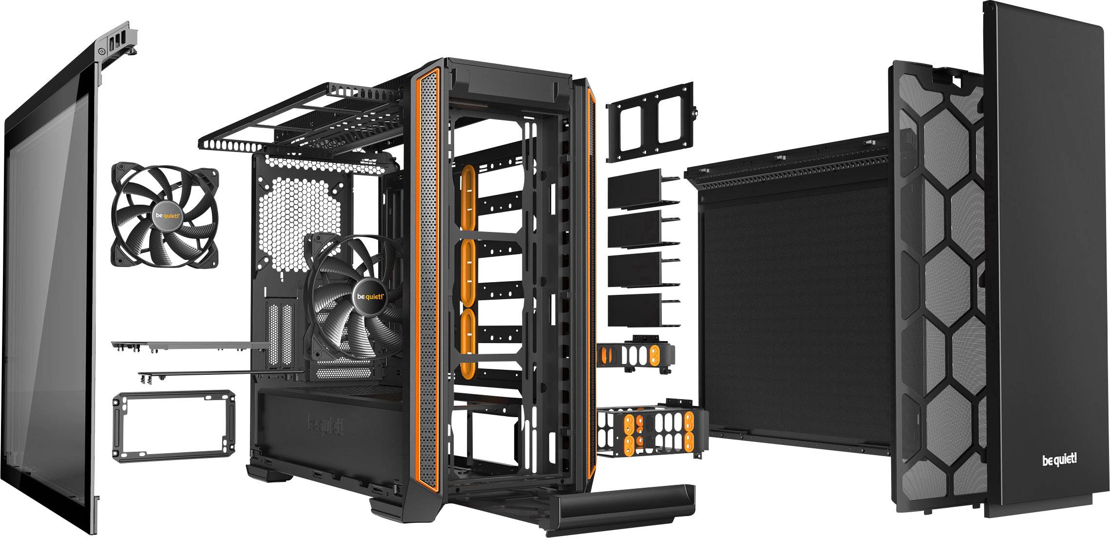 BeQuiet Silent Base 601 Midi-Tower PC-Gehäuse Orange, Schwarz 2 vorinstallierte Lüfter, gedämmt, Staubfilter, Seitenfenster