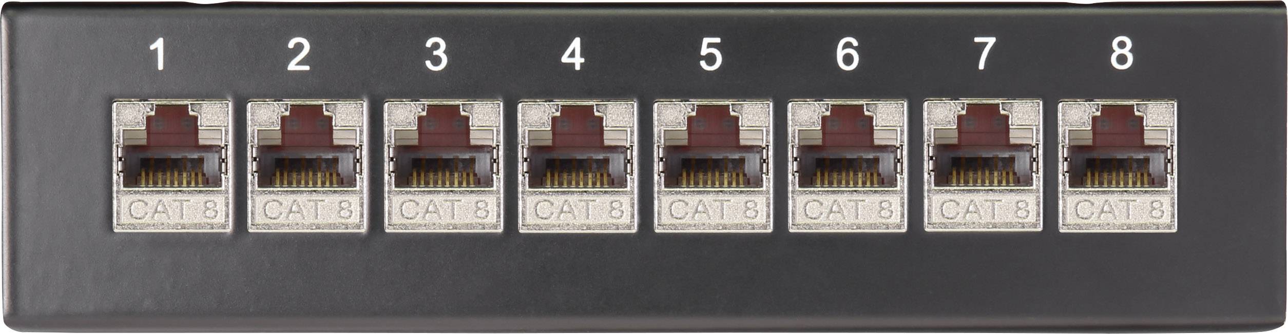 Acht nummerierte Ethernet-Anschlüsse im horizontalen Panel. Jeder Anschluss ist als 'CAT 8' beschriftet.