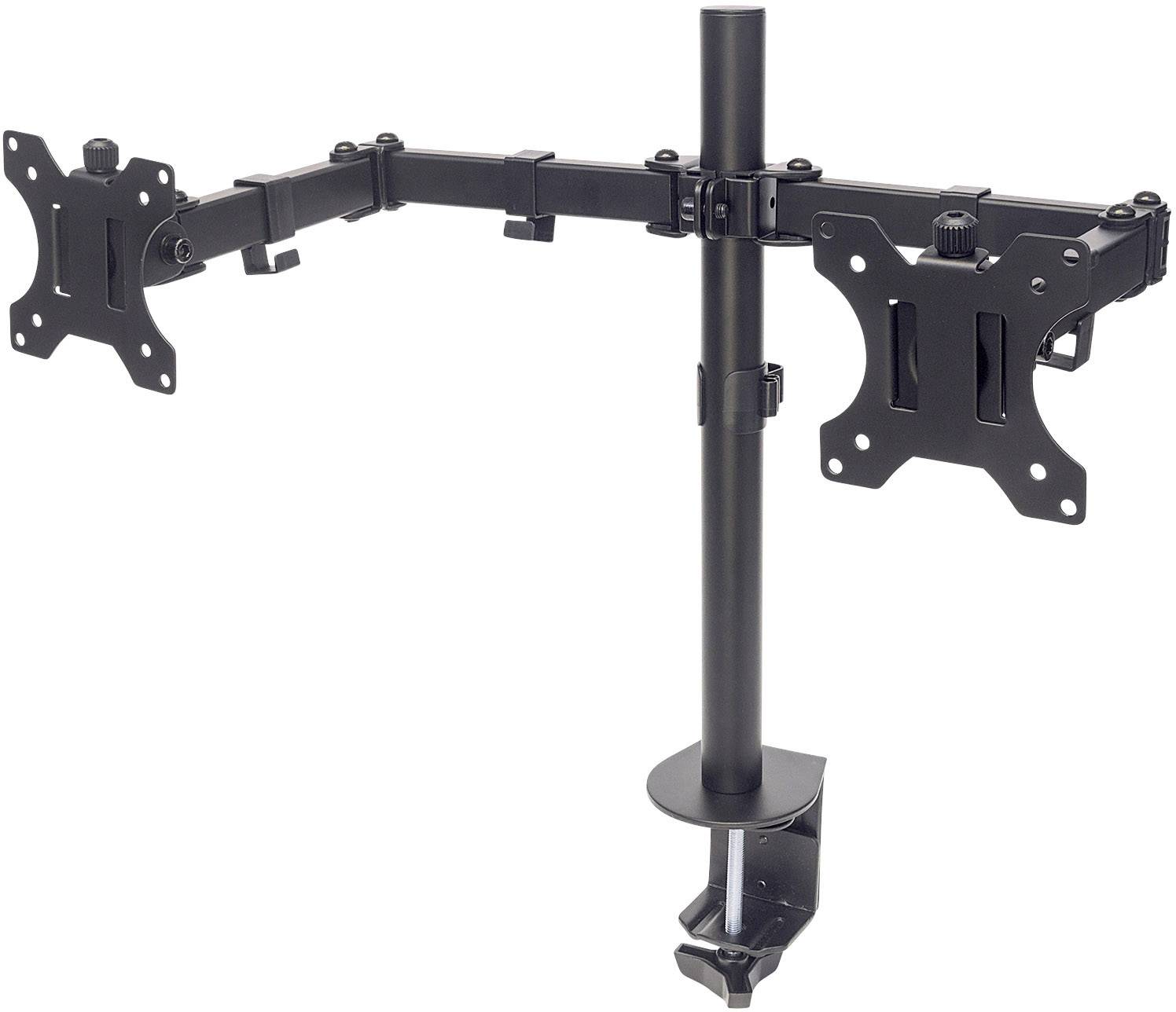 Duale Monitorhalterung in Schwarz mit verstellbaren Armen und Klemmbefestigung, geeignet zur Tischmontage.