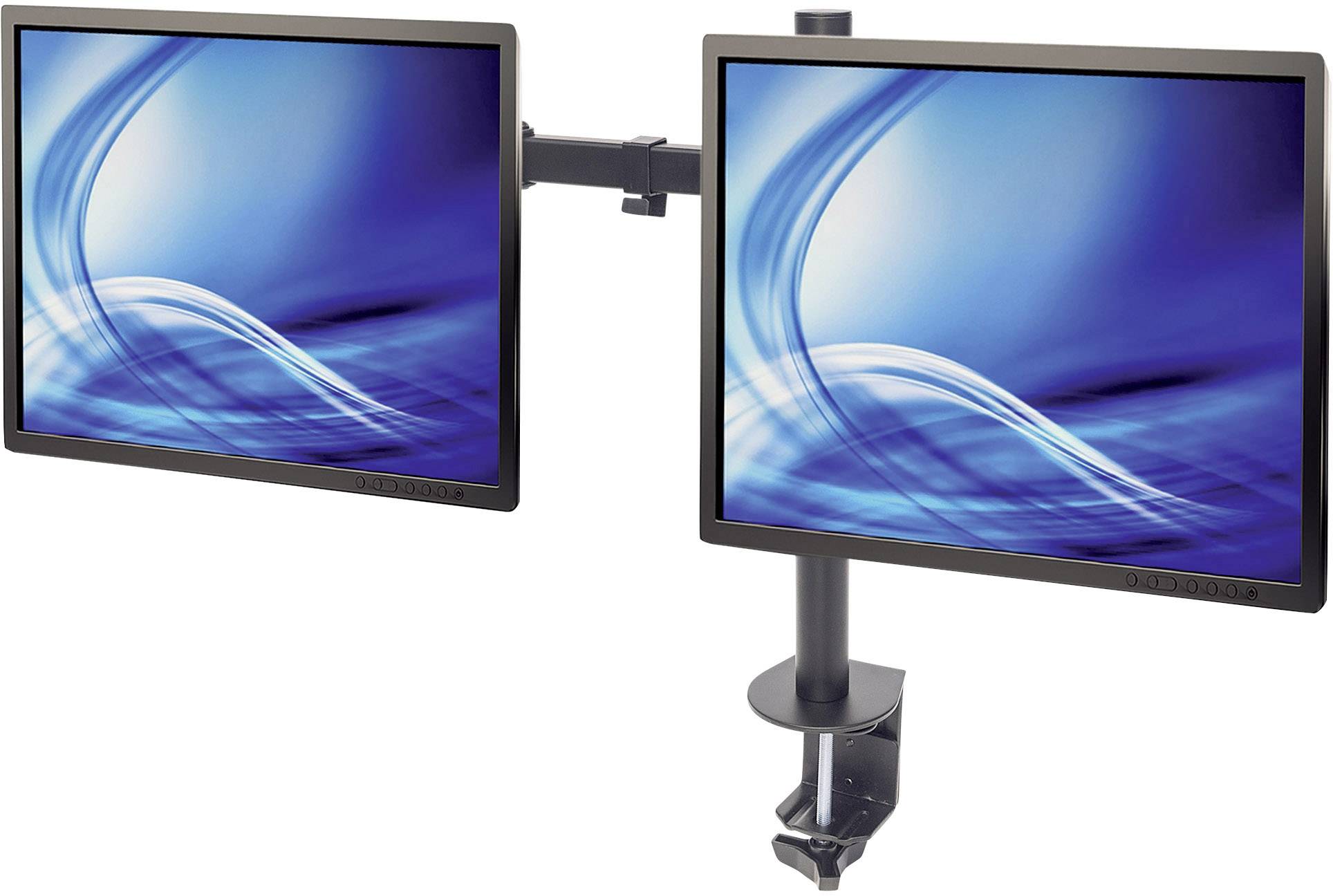 Zwei nebeneinander montierte Computerbildschirme mit blauen abstrakten Hintergrundbildern, befestigt an einem drehbaren Arm.
