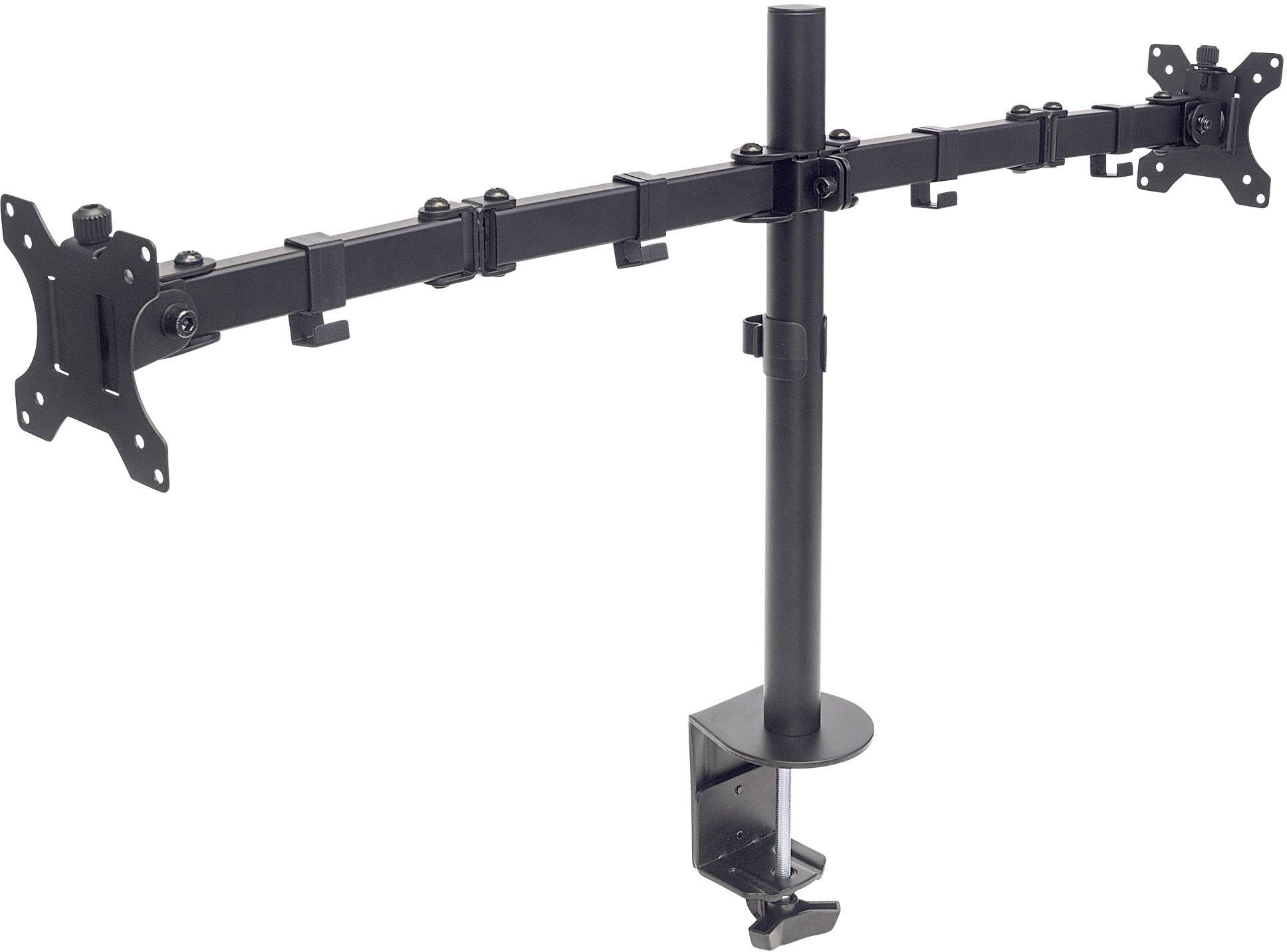 Schwarzer Dual-Monitor-Tischhalterung mit verstellbarem Arm und Klemme zur Befestigung an einer Tischplatte. Ideal für Büros.
