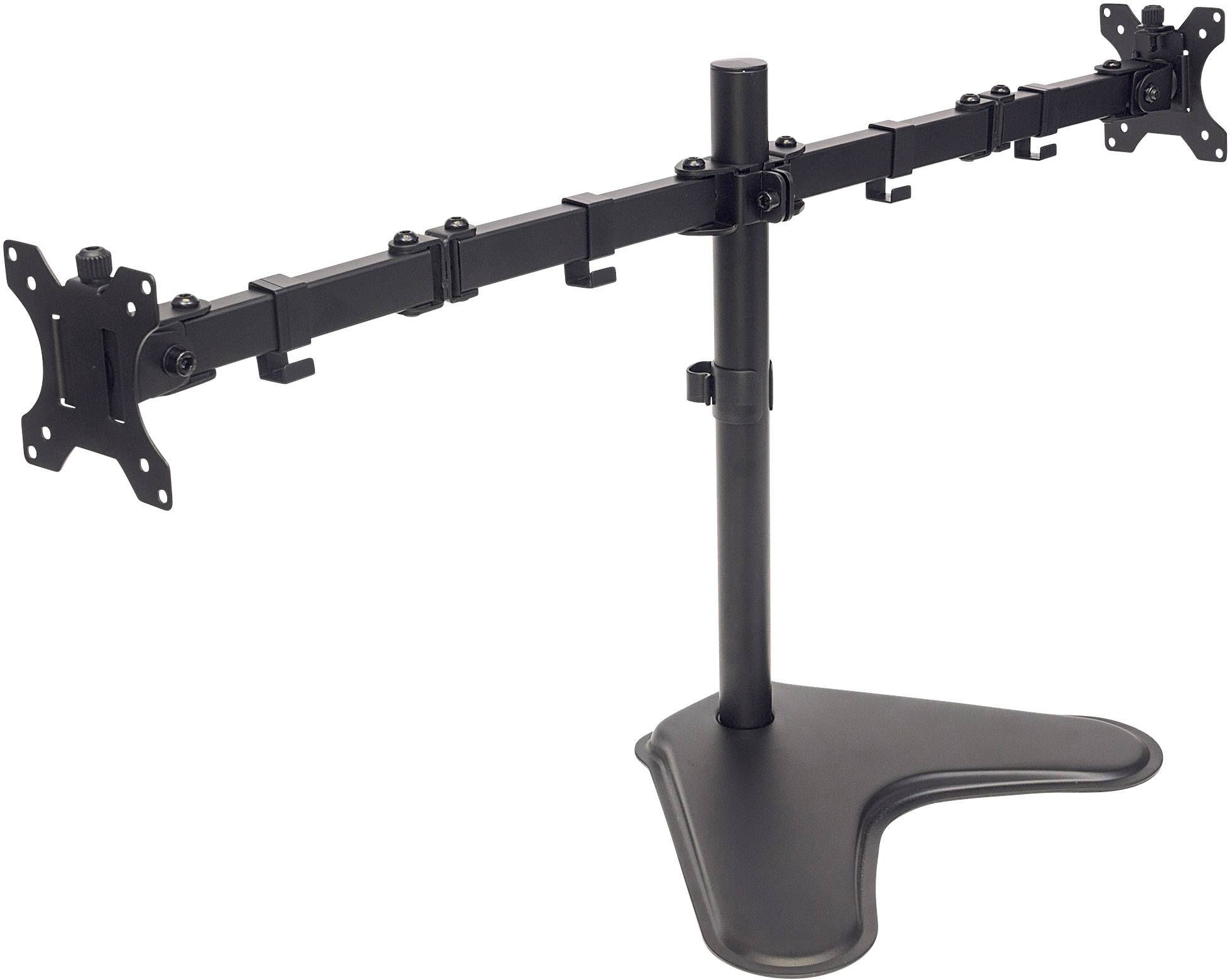 Ein verstellbarer Monitorständer mit zwei Halterungen für Bildschirme, geeignet zur ergonomischen Verbesserung von Arbeitsplatzumgebungen.