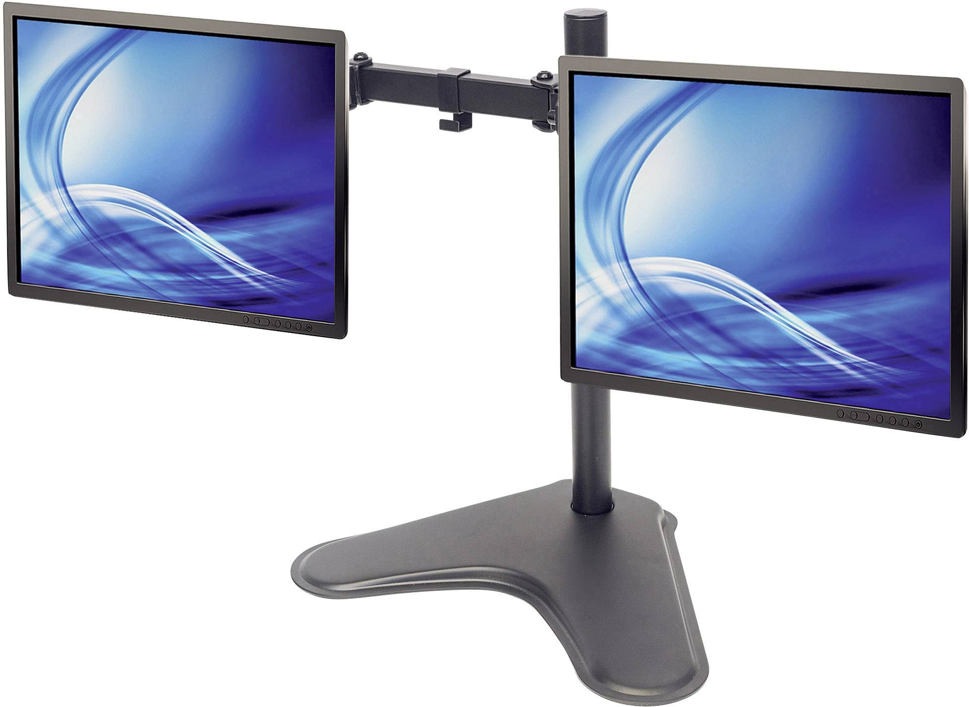 Zwei Computerbildschirme nebeneinander auf einem doppelarmigen Standfuß, beide zeigen ein blaues abstraktes Wellendesign.