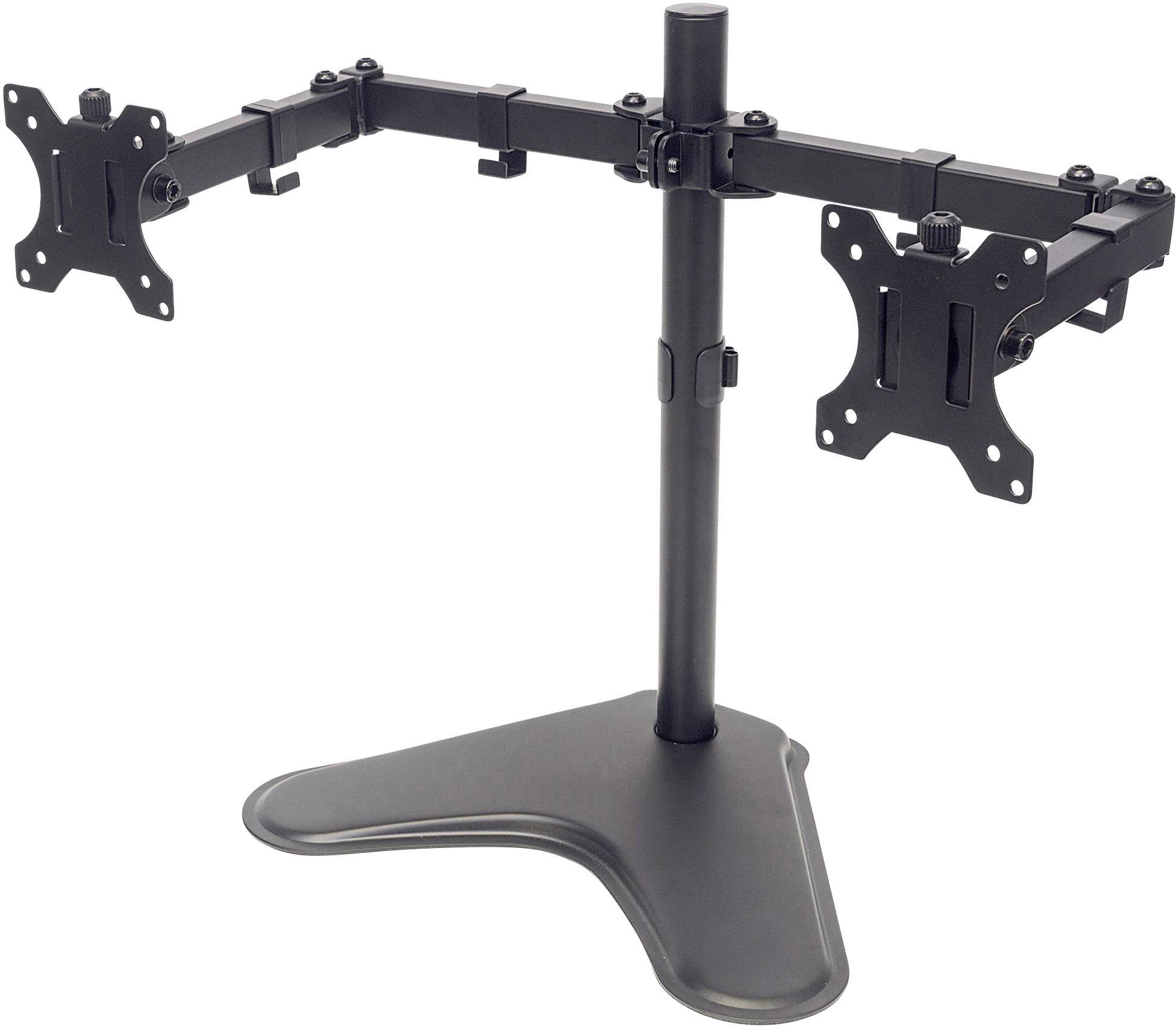 Ein verstellbarer doppelter Monitorständer aus Metall, geeignet für zwei Monitore. Er verfügt über zwei schwenkbare Arme und eine stabile Basis.