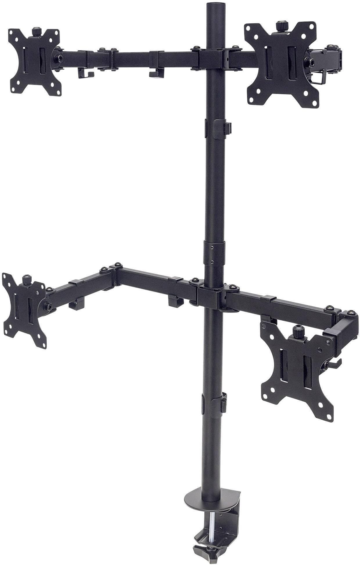 Ein schwarzer Monitorhalter mit vier verstellbaren Halterungen, montiert auf einem zentralen Schaft, zur Befestigung an einem Tisch.