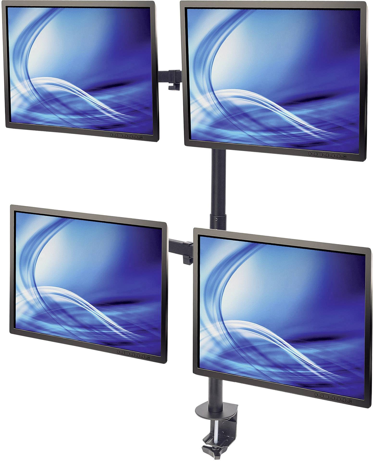 Vier Computerbildschirme auf einer Halterung sind in einem 2x2-Raster angeordnet. Jeder Bildschirm zeigt ein blaues, abstraktes Design.