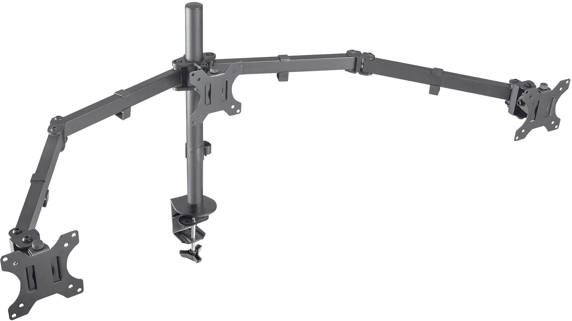 Doppelter Monitorhalter mit verstellbaren Armen zur Befestigung an einem Schreibtisch; geeignet für zwei Bildschirme.
