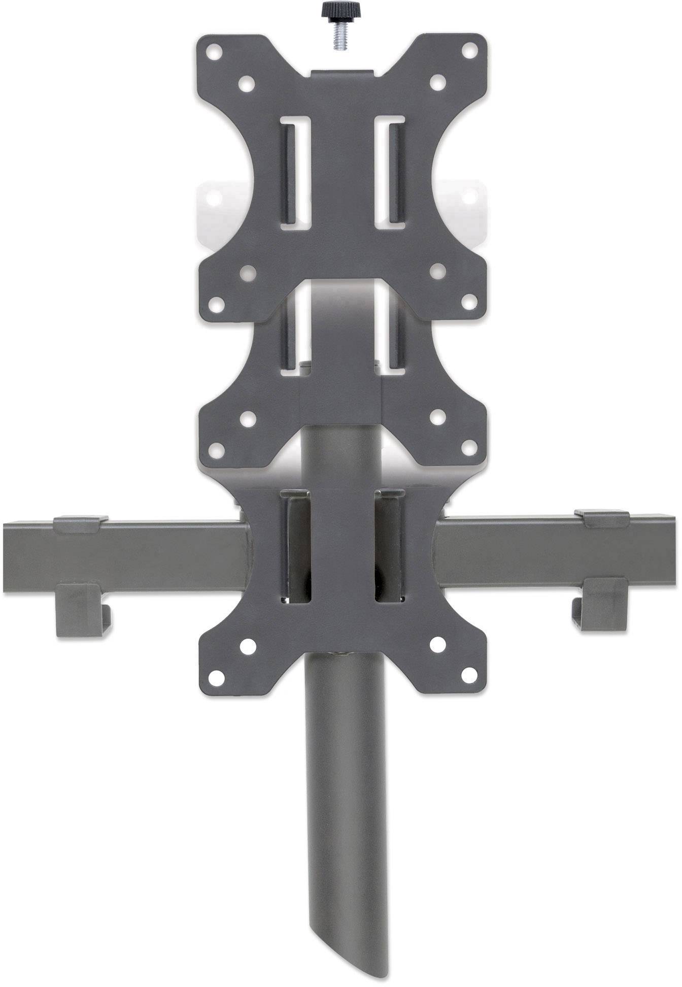 Metallische Monitorhalterung, anpassbar mit mehreren Befestigungspunkten, für die Montierung von Bildschirmen an einer vertikalen Stange.