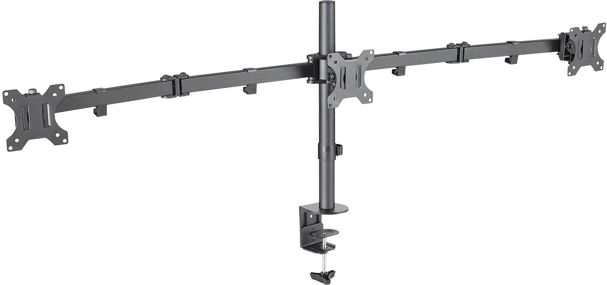 Monitorhalterung für drei Bildschirme mit zwei Armen und zentralem Standfuß; für ergonomische Arbeitsplatzgestaltung geeignet.