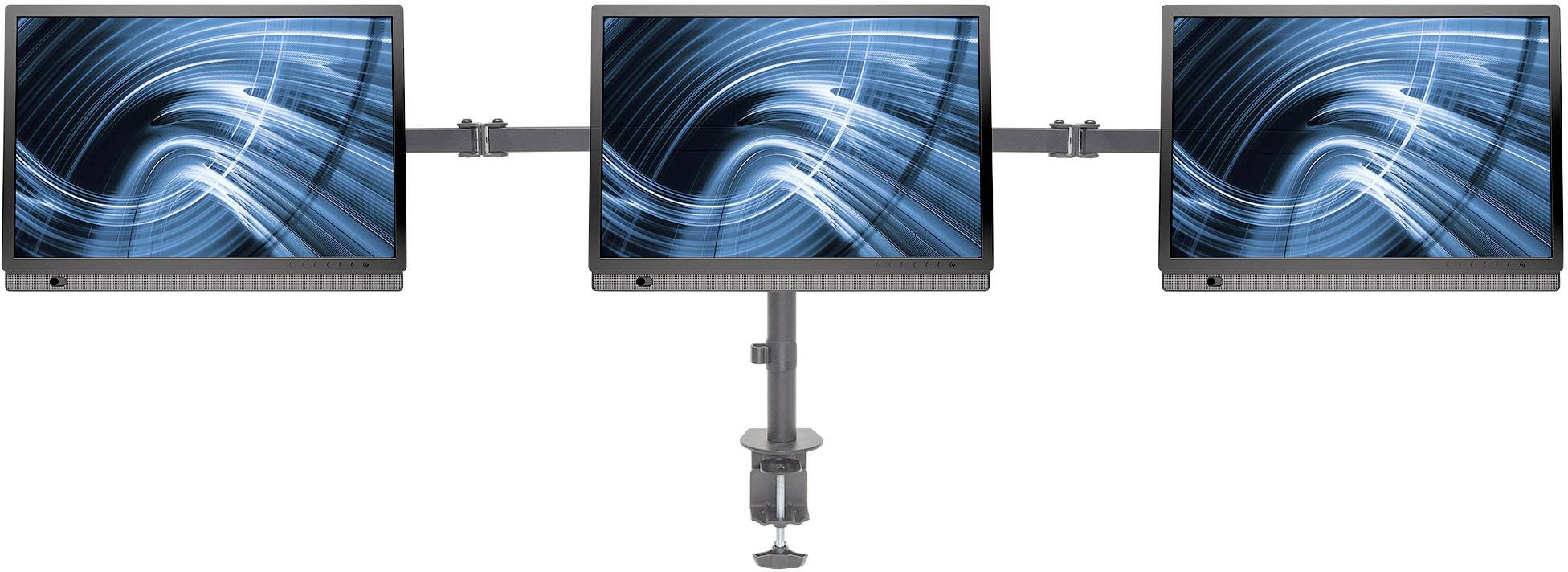 Drei Monitore an einem verstellbaren Monitorarm, jeder Bildschirm zeigt ein blaues, abstraktes, wellenförmiges Muster.