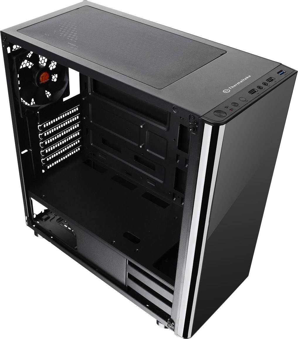 Thermaltake V200 Tempered Glass Midi-Tower PC-Gehäuse Schwarz 1 vorinstallierter Lüfter, Seitenfenster, Staubfilter, Werkzeugfreie Festplatteninsta