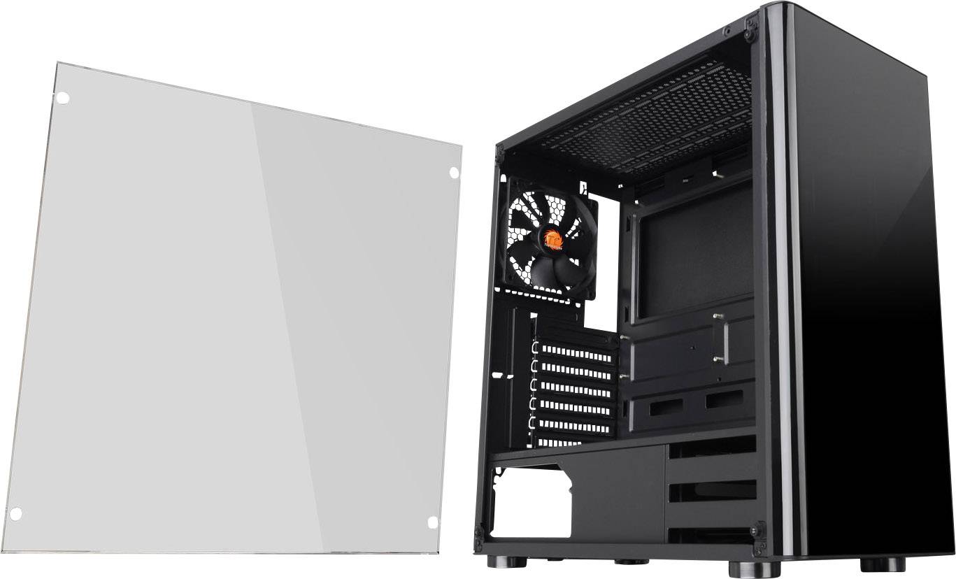 Thermaltake V200 Tempered Glass Midi-Tower PC-Gehäuse Schwarz 1 vorinstallierter Lüfter, Seitenfenster, Staubfilter, Werkzeugfreie Festplatteninsta