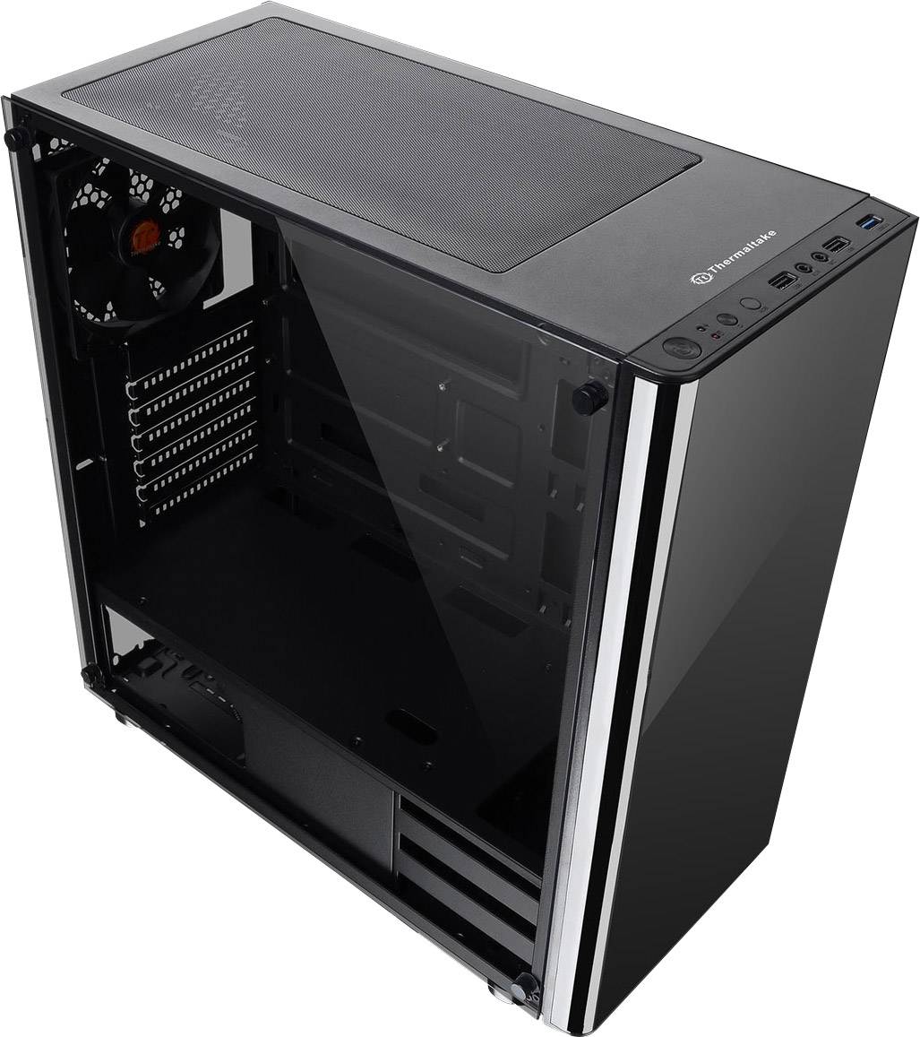 Thermaltake V200 Tempered Glass Midi-Tower PC-Gehäuse Schwarz 1 vorinstallierter Lüfter, Seitenfenster, Staubfilter, Werkzeugfreie Festplatteninsta
