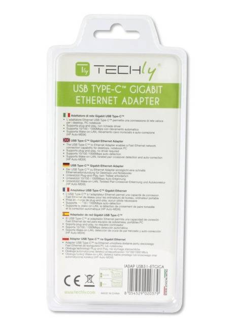 TECHly IADAP-USB31-ETGIGA USB / RJ45 Adapter [1x USB-C® Stecker - 1x RJ45-Buchse] Schwarz 15.00 cm