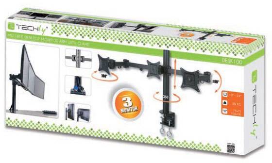 techly - Befestigungskit (Spannbefestigung für Tisch, Mantelrohr, Schwenkarm) für 3 LCD-Anzeigen - Schwarz - Bildschirmg