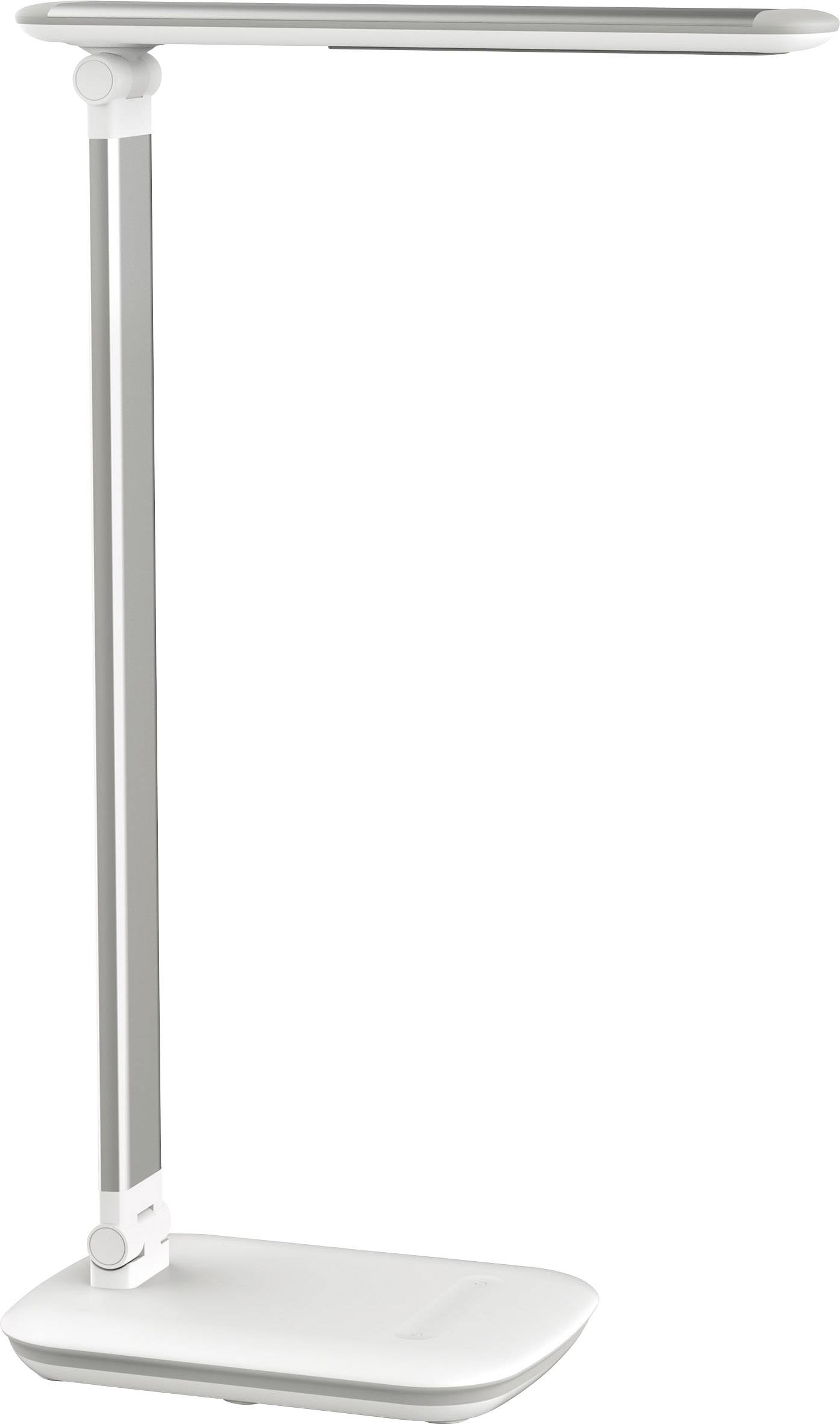 Weiße, moderne Tischlampe mit schlankem, verstellbarem Arm und rechteckigem Lampenschirm. Geeignet für Schreibtische oder Nachttische.