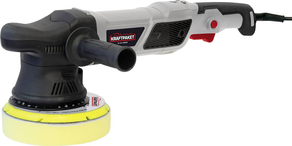 Elektro-Poliermaschine mit ergonomischem Griff, gelber Polierscheibe und schwarzem Gehäuse. Markenlogo seitlich sichtbar.
