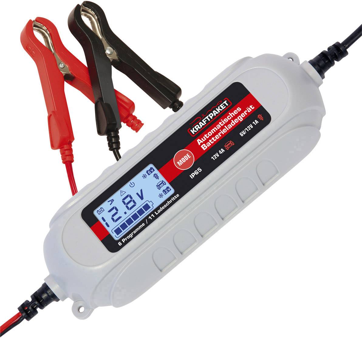 Automatikladegerät mit LCD-Display zeigt 12V, 1.7A. Zwei Krokodilklemmen in Rot und Schwarz, geeignet für Kfz-Batterien.