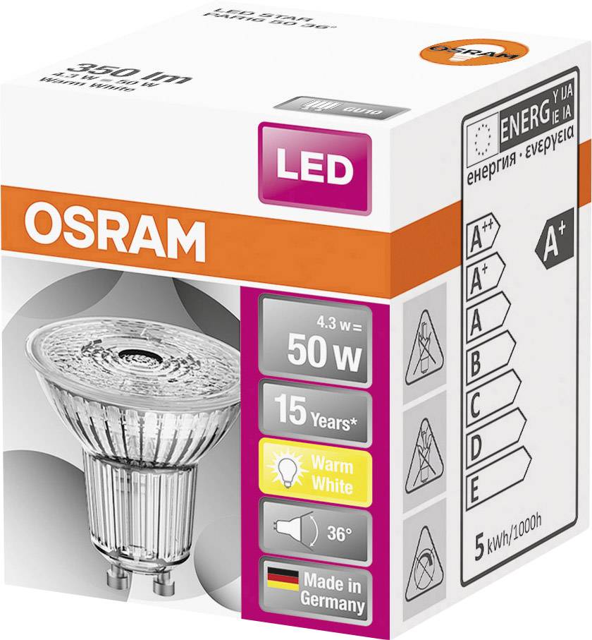 OSRAM HOMELIGHTING 4058075112568 LED EEK F (A - G) GU10 Reflektor 4.3W = 50W Warmweiß (Ø x L) 50mm x 52mm 1St.