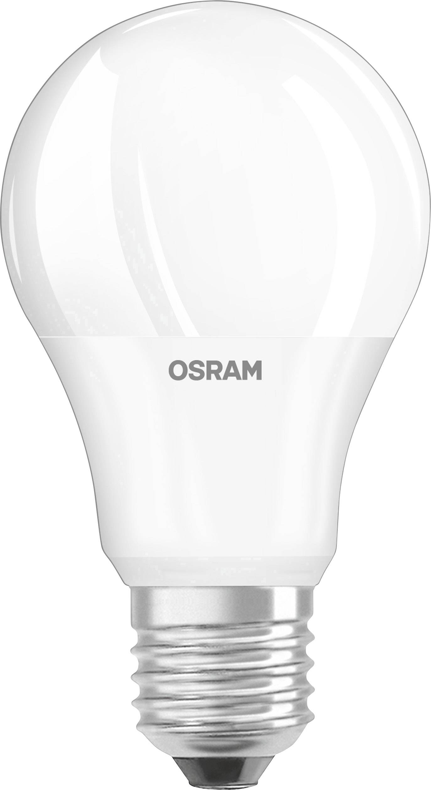 Eine weiße LED-Glühbirne der Marke OSRAM mit E27-Fassung.