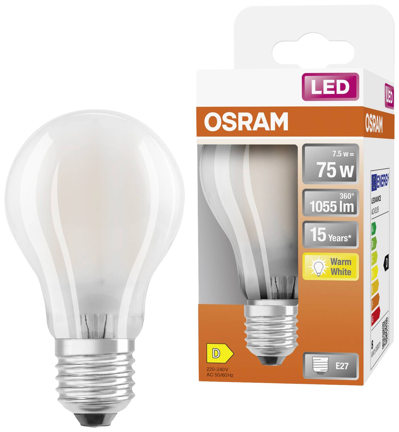 Glühbirne und Verpackung der Marke. LED 7,5 W; ersetzt 75 W; 1055 lm; warmweiß, 15 Jahre Lebensdauer; Energieeffizienzklasse D.