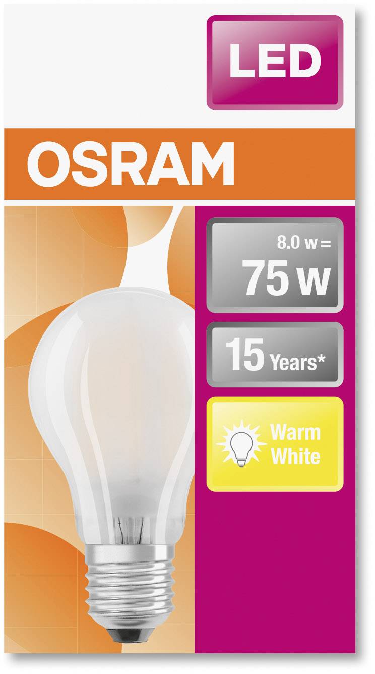 LED-Glühbirnenverpackung von OSRAM: 8.0W entspricht 75W, Lebensdauer 15 Jahre, warmweißes Licht.