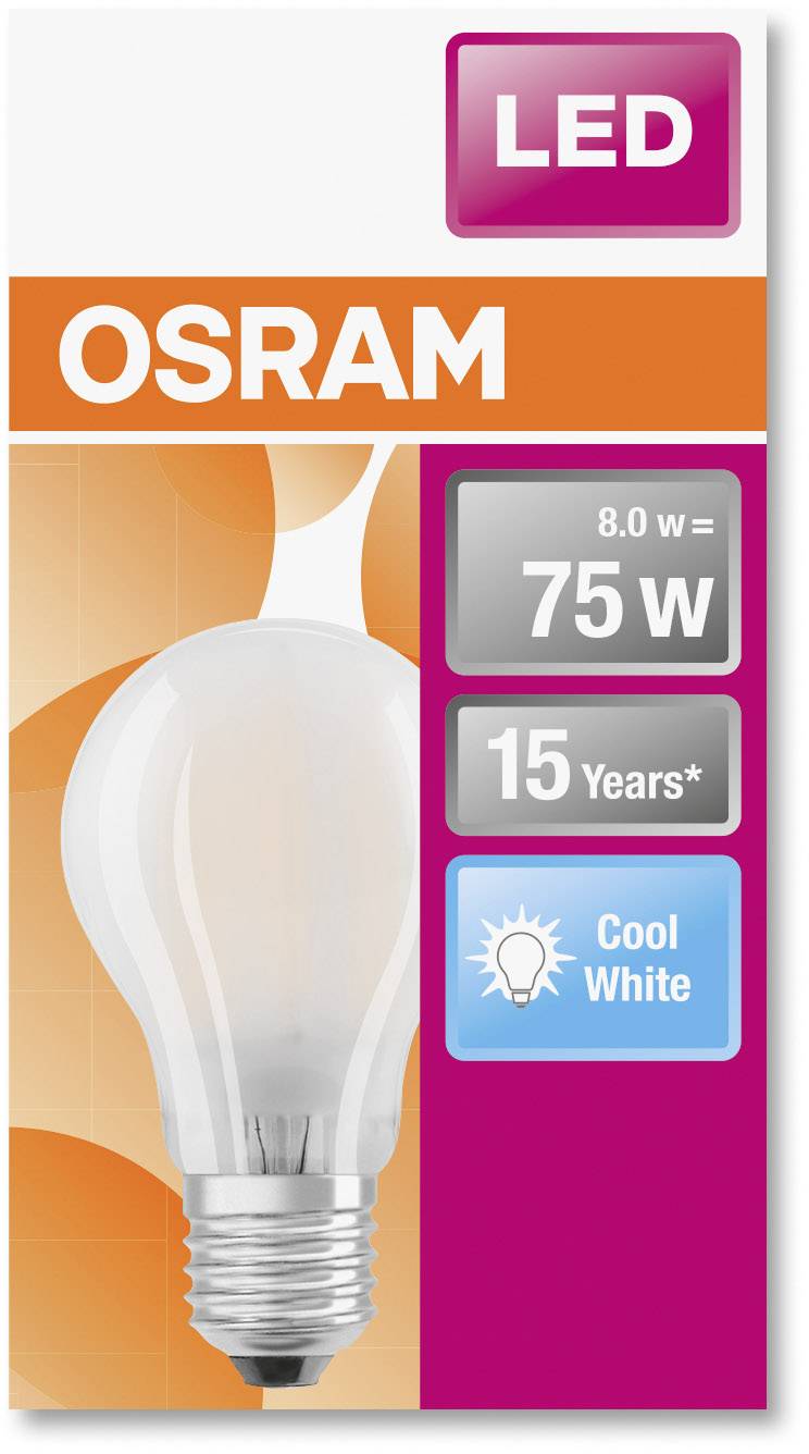 LED-Glühbirne von Osram; 8,0 W entspricht 75 W; Lebensdauer 15 Jahre; Lichtfarbe 'Cool White'; orange-weiße Verpackung.