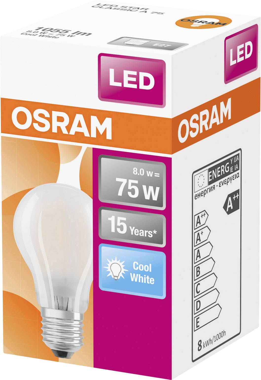 LED-Lampenverpackung mit Markenname, 75 W, 15 Jahre Haltbarkeit, Cool White, Energieklasse A++, Abbildung einer Glühbirne.
