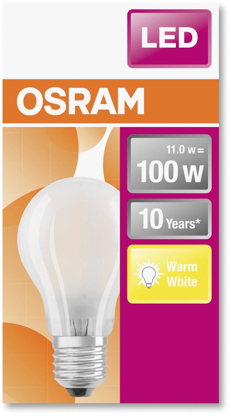 LED-Glühbirnenverpackung von OSRAM. Angaben: 11.0 w entspricht 100 w, Lebensdauer 10 Jahre, Lichtfarbe 'Warm White'.