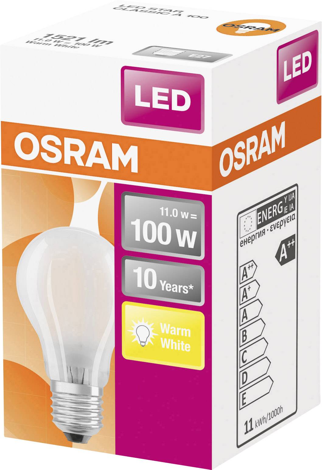 Eine LED-Glühbirne der Marke OSRAM in Originalverpackung, 100 Watt Äquivalent, warmweißes Licht, Energieeffizienzklasse A++.